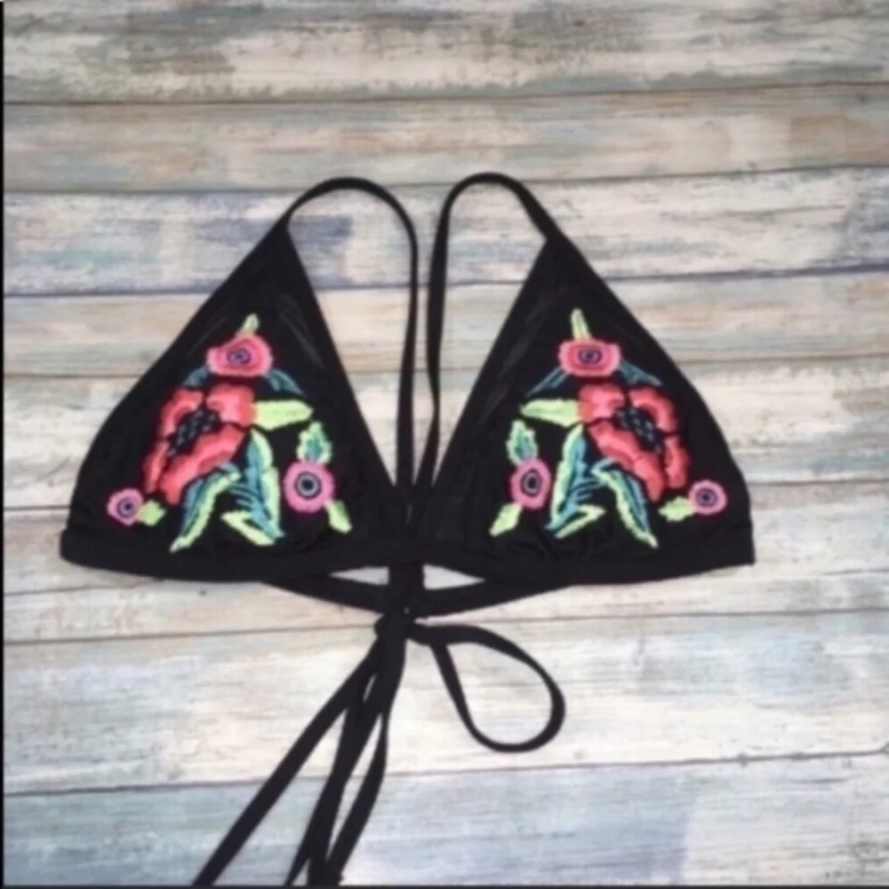 Xhilaration Black Floral Embroidered Bikini Large Triangle Mesh Bralette Swim - Picture 5 of 6